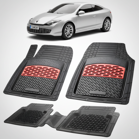set de covorase din cauciuc negre cu accente rosii cu un renault laguna iii coupe argintiu in fundal