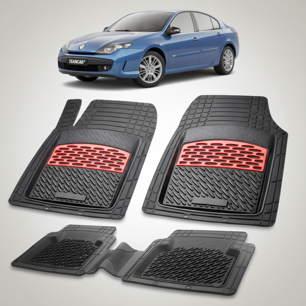 set de covorase din cauciuc negre cu accente rosii cu un renault laguna iii hatchback albastra in fundal