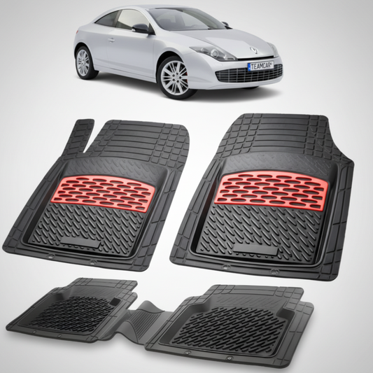 set de covorase din cauciuc negre cu accente rosii cu un renault laguna iii coupe gri in fundal