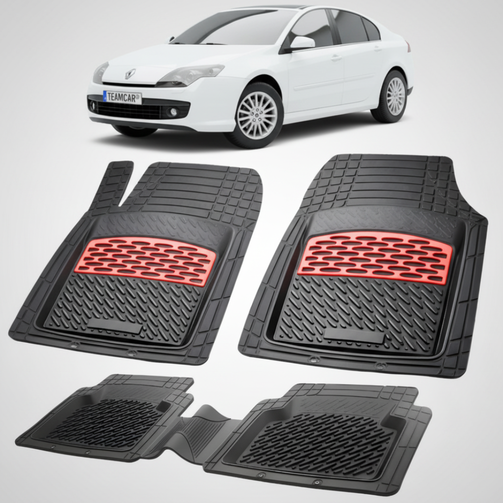 set de covorase din cauciuc negre cu accente rosii cu un renault laguna iii hatchback alb in fundal
