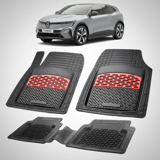 set de covorase din cauciuc negre cu accente rosii cu un renault megane e-tech crossover (electric) gri in fundal