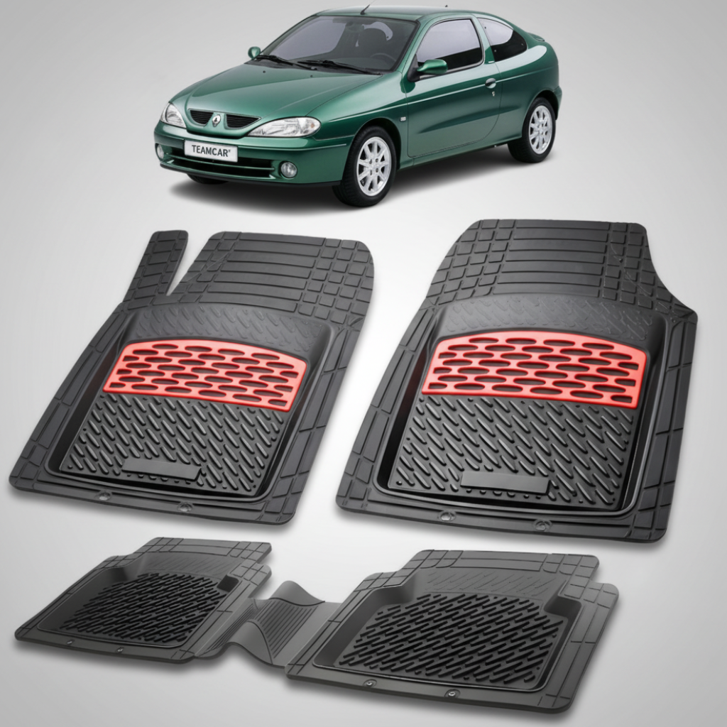 set de covorase din cauciuc negre cu accente rosii cu renault megane i coupe verde in fundal