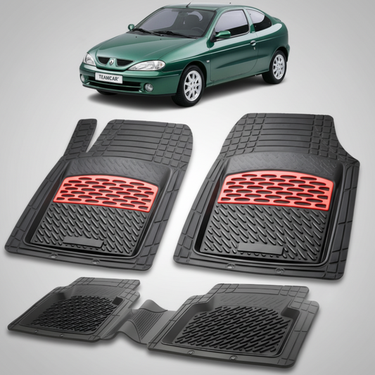 set de covorase din cauciuc negre cu accente rosii cu renault megane i coupe verde in fundal