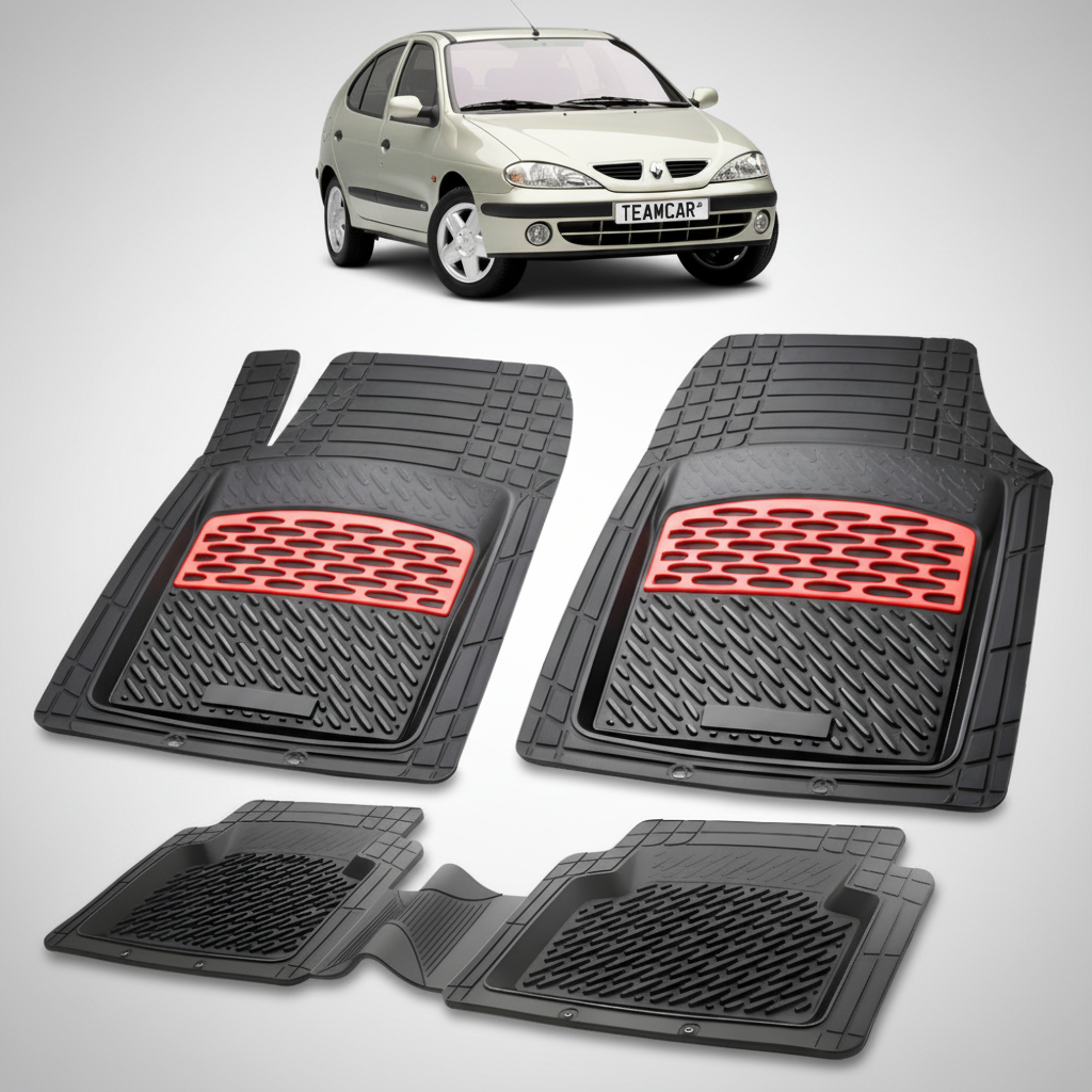 set de covorase din cauciuc negre cu accente rosii cu renault megane i hatchback bej in fundal