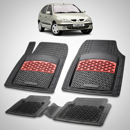 set de covorase din cauciuc negre cu accente rosii cu renault megane i hatchback bej in fundal