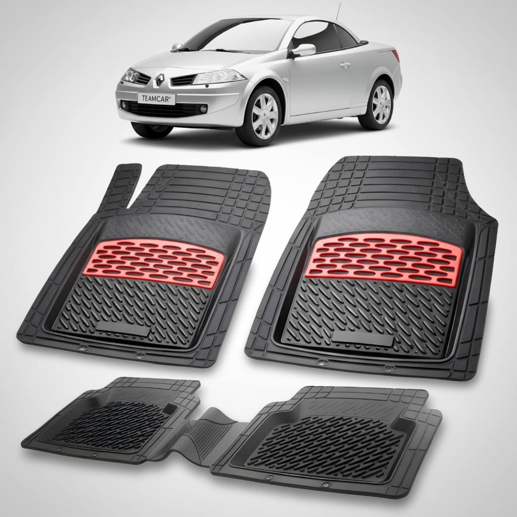 set de covorase din cauciuc negre cu accente rosii cu renault megane ii coupe-cabriolet argintiu in fundal