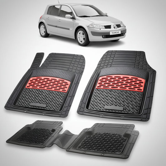 set de covorase din cauciuc negre cu accente rosii cu renault megane ii hatchback gri in fundal