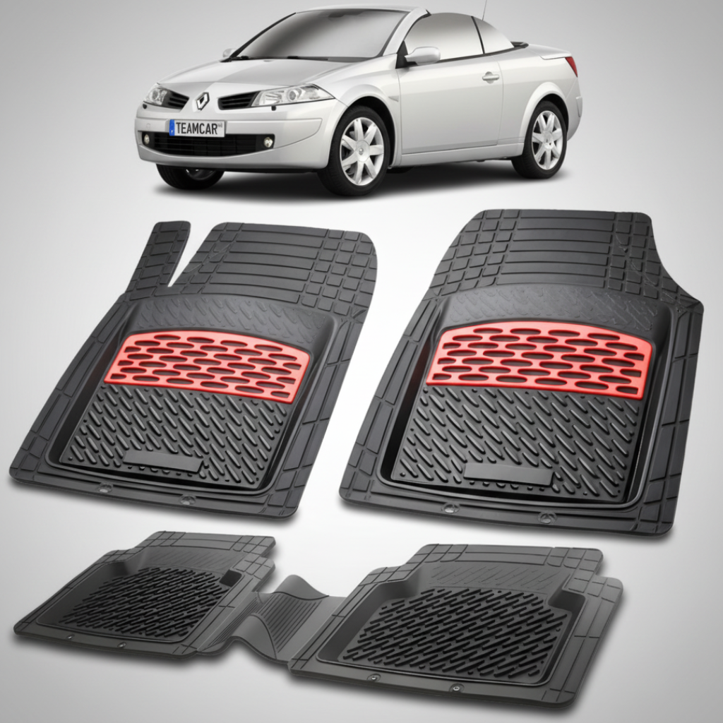 set de covorase din cauciuc negre cu accente rosii cu renault megane ii coupe-cabriolet gri in fundal