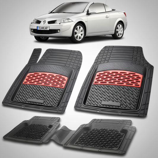 set de covorase din cauciuc negre cu accente rosii cu renault megane ii coupe-cabriolet gri in fundal