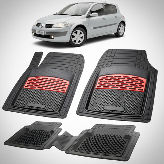 set de covorase din cauciuc negre cu accente rosii cu renault megane ii hatchback argintiu in fundal