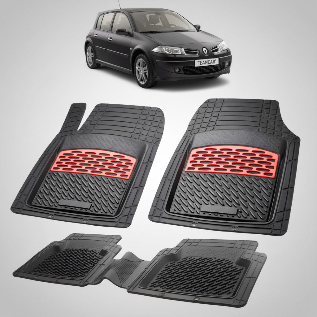 set de covorase din cauciuc negre cu accente rosii cu un renault megane ii hatchback negru in fundal