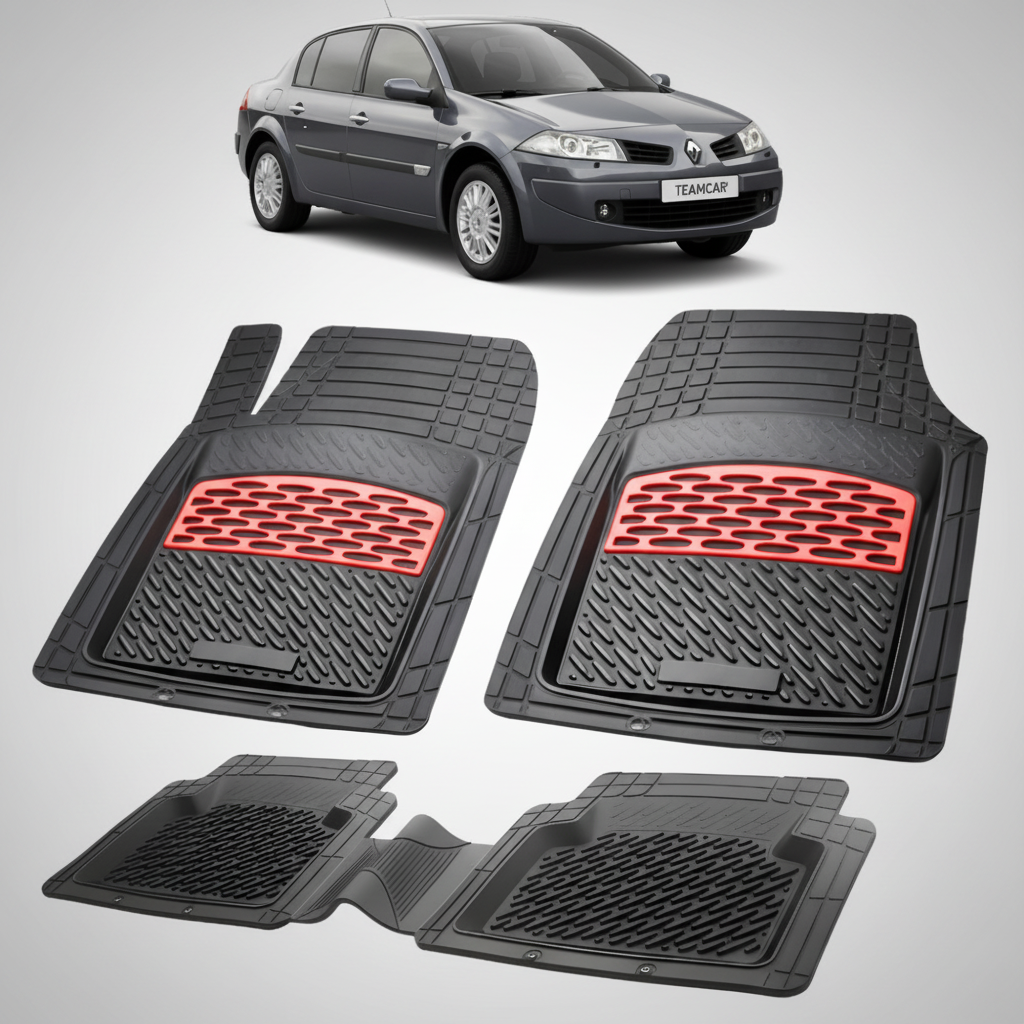 set de covorase din cauciuc negre cu accente rosii cu renault megane ii sedan negru in fundal