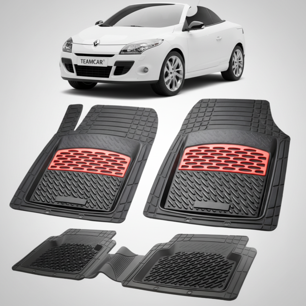 set de covorase din cauciuc negre cu accente rosii cu renault megane iii coupe-cabriolet alba in fundal