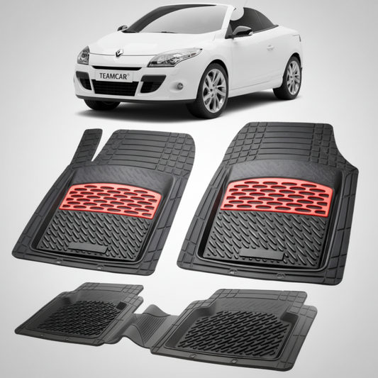 set de covorase din cauciuc negre cu accente rosii cu renault megane iii coupe-cabriolet alba in fundal