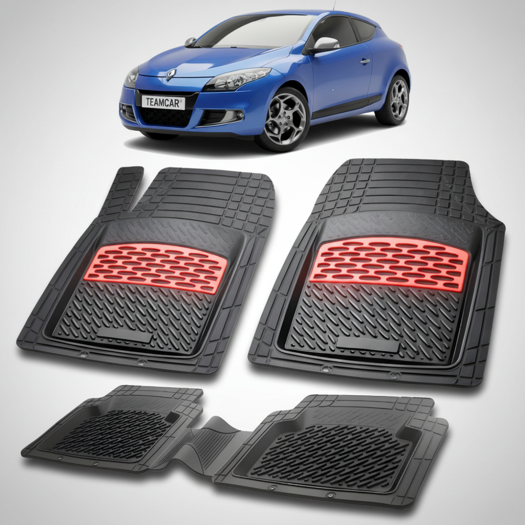 set de covorase din cauciuc negre cu accente rosii cu renault megane iii coupe albastru in fundal