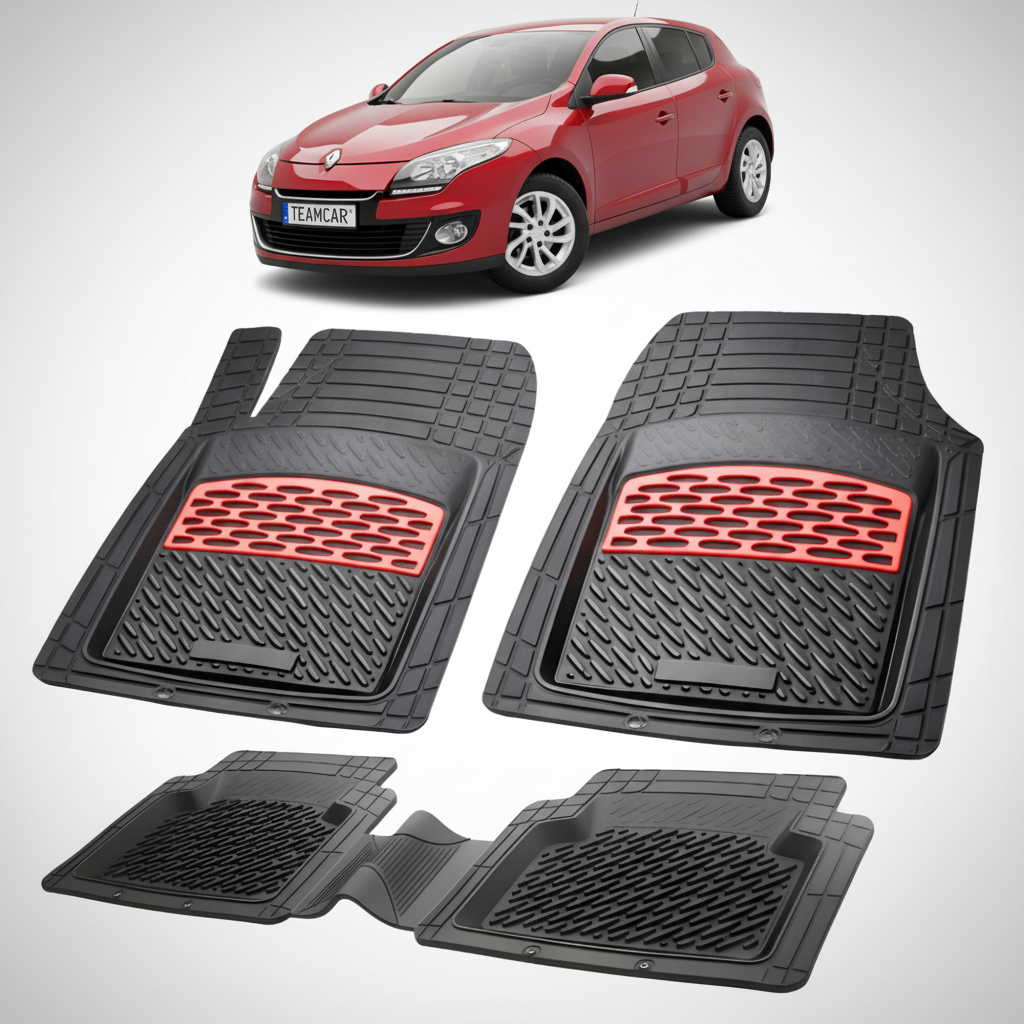 set de covorase din cauciuc negre cu accente rosii cu renault megane iii hatchback rosu in fundal