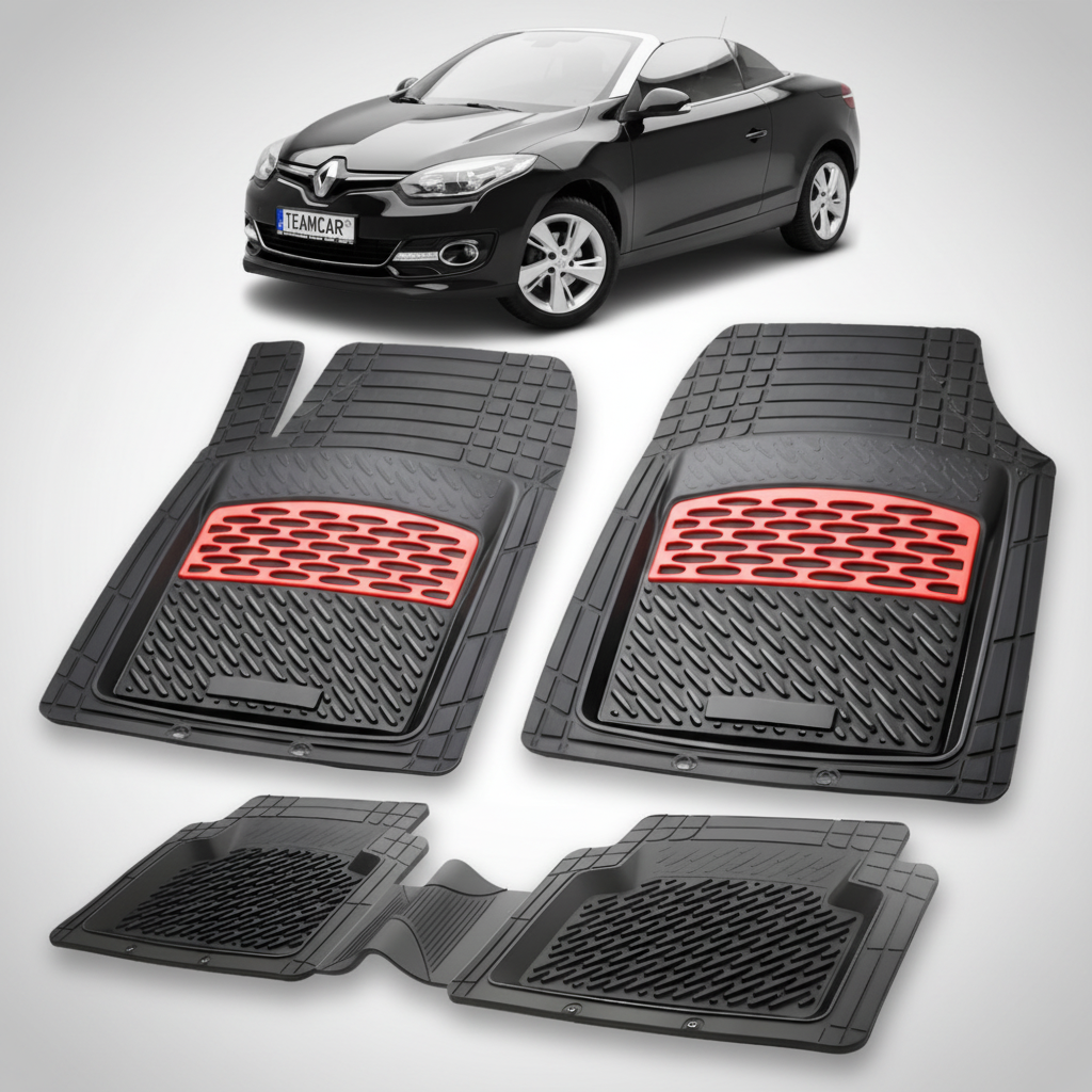 set de covorase din cauciuc negre cu accente rosii cu renault megane iii coupe-cabriolet neagra in fundal