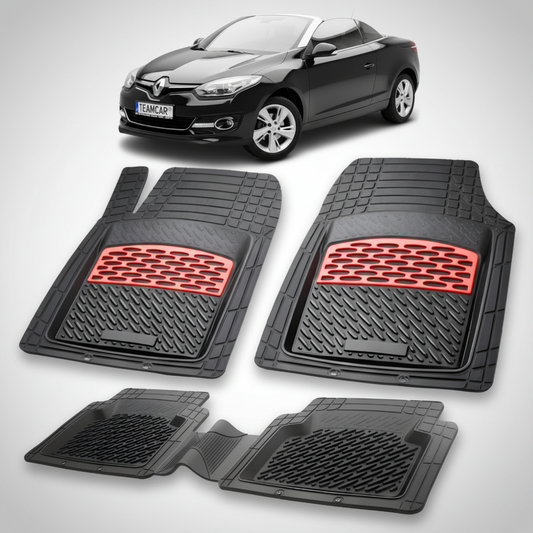 set de covorase din cauciuc negre cu accente rosii cu renault megane iii coupe-cabriolet neagra in fundal
