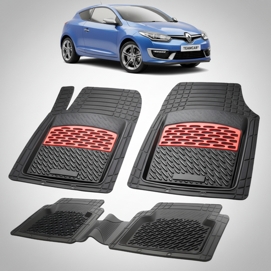 set de covorase din cauciuc negre cu accente rosii cu renault megane iii coupe albastra  in fundal