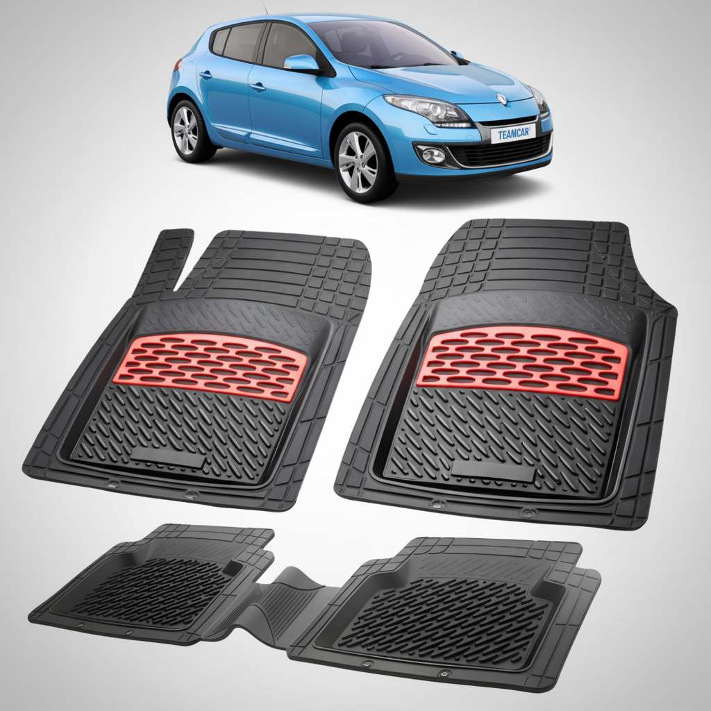 set de covorase din cauciuc negre cu accente rosii cu renault megane iii hatchback albastra  in fundal