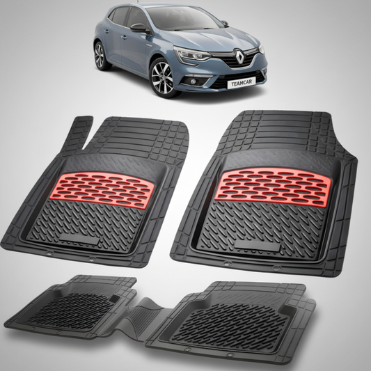 set de covorase din cauciuc negre cu accente rosii cu un renault megane iv hatchback gri-albastrui in fundal
