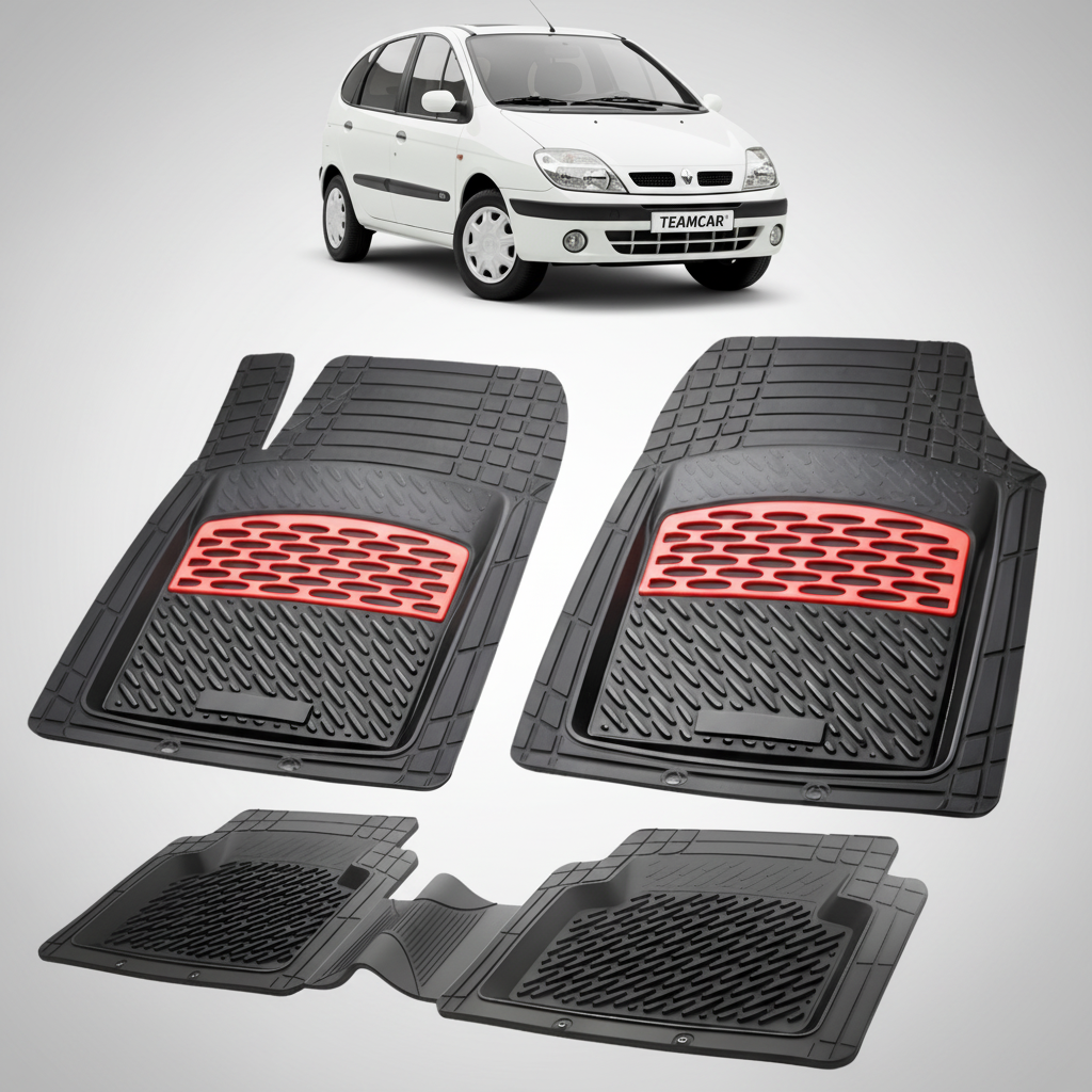 set de covorase din cauciuc negre cu accente rosii cu un renault scenic i mpv alb in fundal