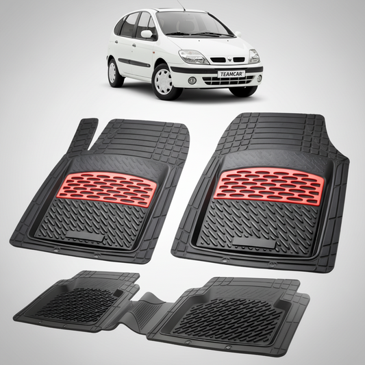 set de covorase din cauciuc negre cu accente rosii cu un renault scenic i mpv alb in fundal