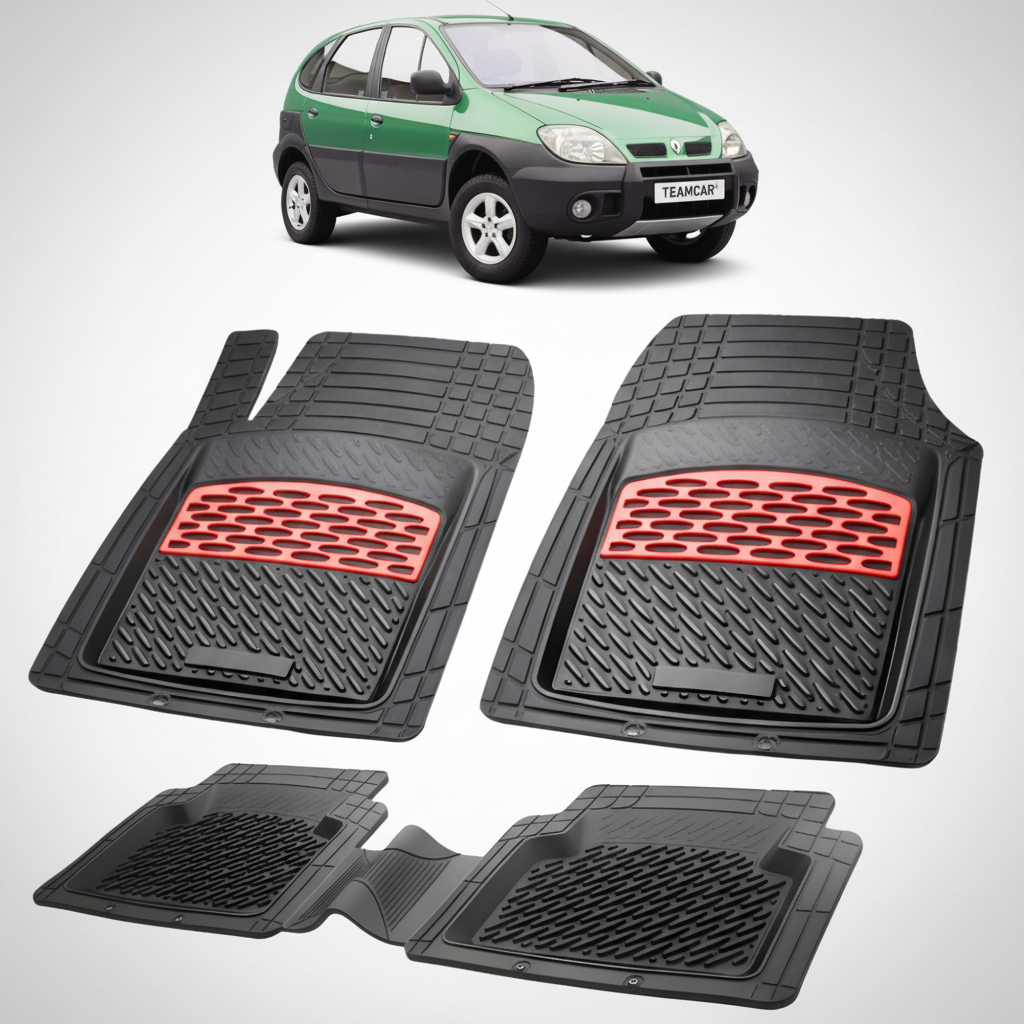 set de covorase din cauciuc negre cu accente rosii cu un renault scenic rx4 suv/mpv verde in fundal