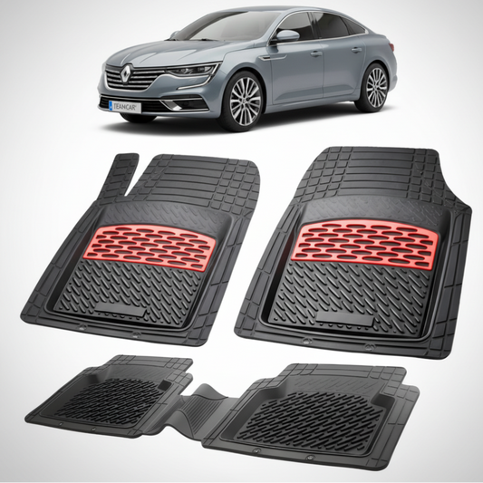 set de covorase din cauciuc negre cu accente rosii cu un renault talisman sedan gri metalic in fundal