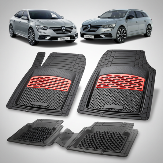 Set of car floor mats with red accents on a white background, featuring two cars at the top.