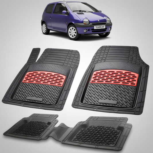 set de covorase din cauciuc negre cu accente rosii cu renault twingo i 3 hatchback albastra in fundal