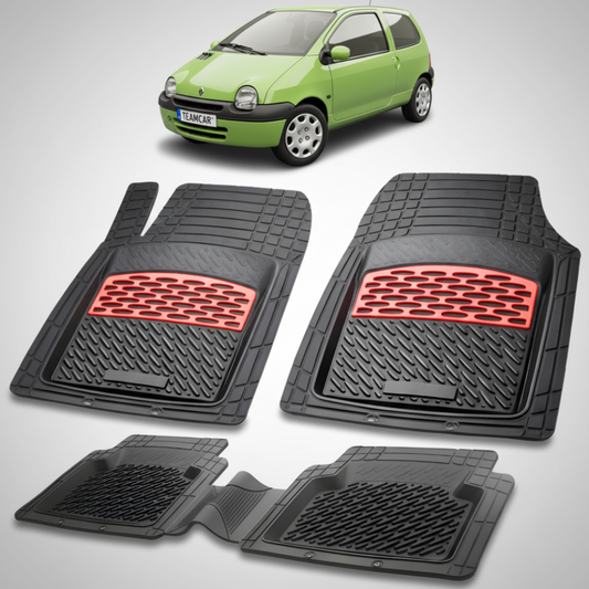 set de covorase din cauciuc negre cu accente rosii cu renault twingo i 4 hatchback verde in fundal