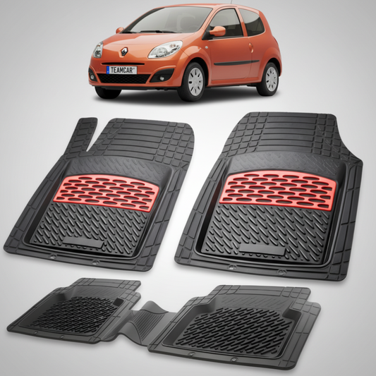 set de covorase din cauciuc negre cu accente rosii cu renault twingo ii 1 hatchback portocalie in fundal
