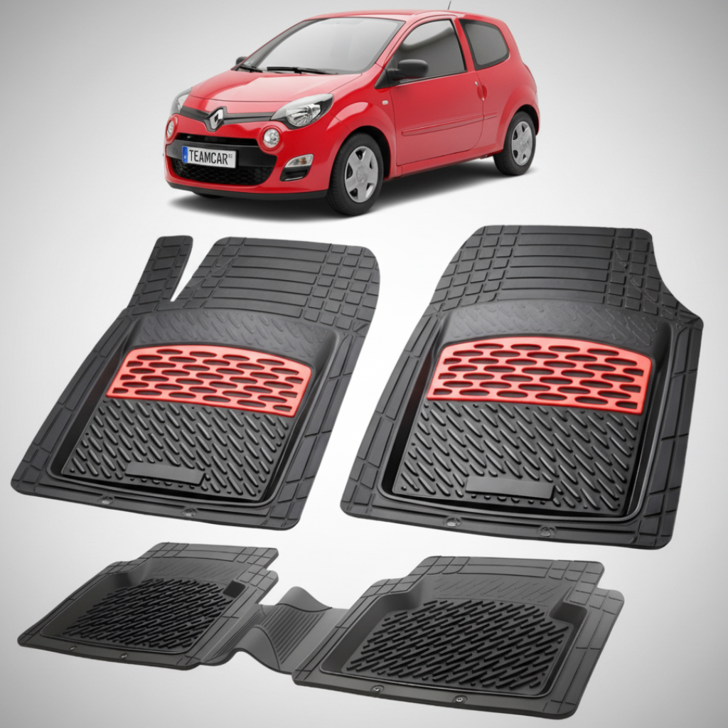 set de covorase din cauciuc negre cu accente rosii cu renault twingo ii 2 hatchback rosie in fundal