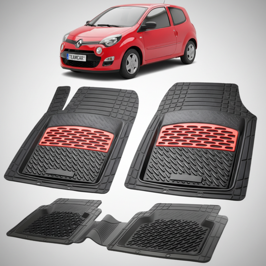set de covorase din cauciuc negre cu accente rosii cu renault twingo ii 2 hatchback rosie in fundal