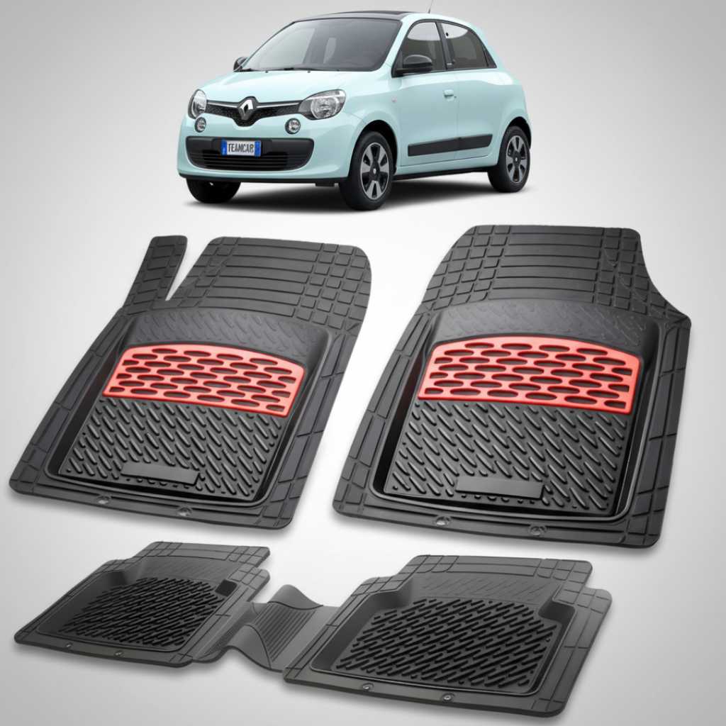 set de covorase din cauciuc negre cu accente rosii cu renault twingo iii 2 hatchback albastra in fundal