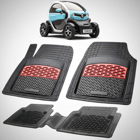 set de covorase din cauciuc negre cu accente rosii cu un renault twizy quadriciclo albastru in fundal
