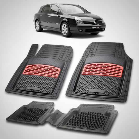 set de covorase din cauciuc negre cu accente rosii cu un renault velsatis hatchback(luxury) negru in fundal