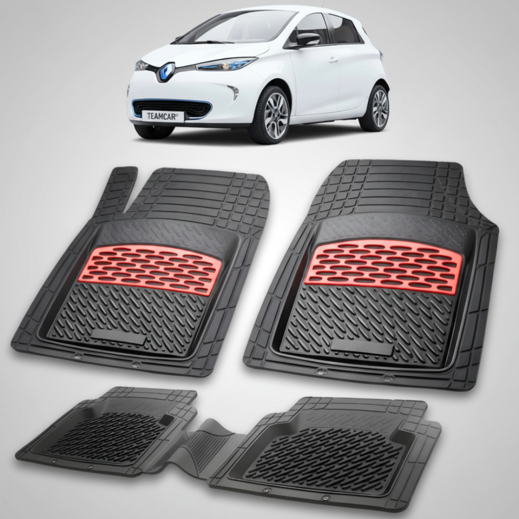 set de covorase din cauciuc negre cu accente rosii cu renault zoe hatchback electric alba in fundal
