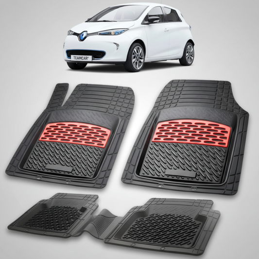 set de covorase din cauciuc negre cu accente rosii cu renault zoe hatchback electric alba in fundal