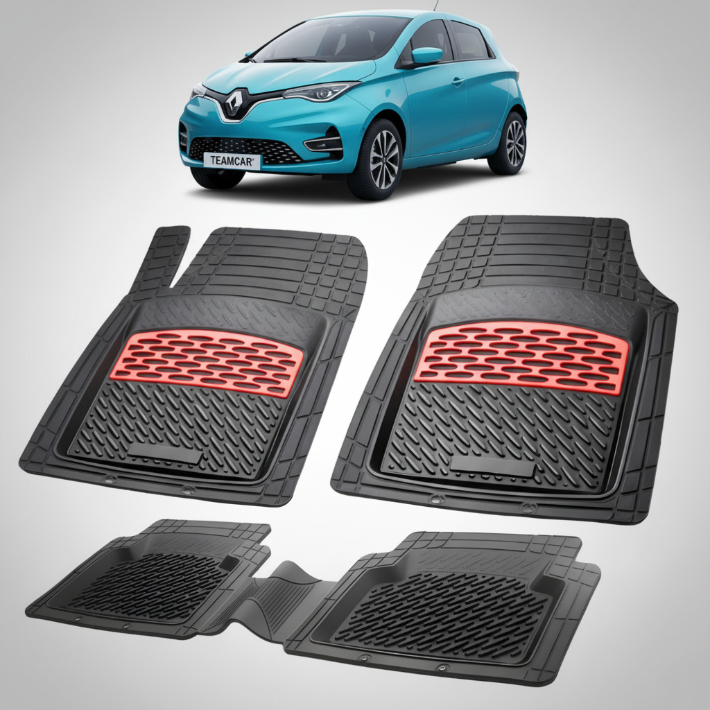 set de covorase din cauciuc negre cu accente rosii cu renault zoe hatchback electric albastra in fundal