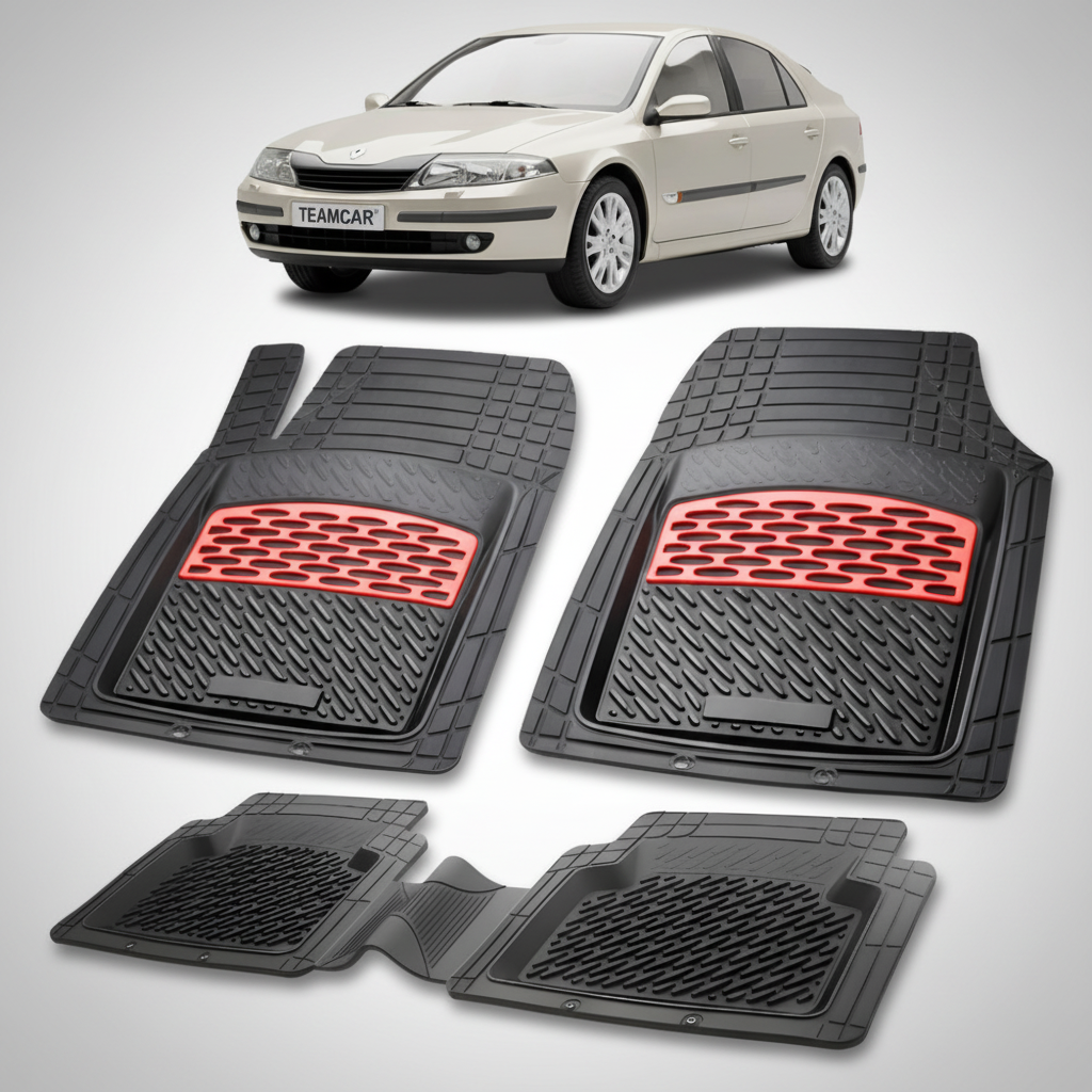 set de covorase din cauciuc negre cu accente rosii cu un renault laguna ii hatchback bej in fundal