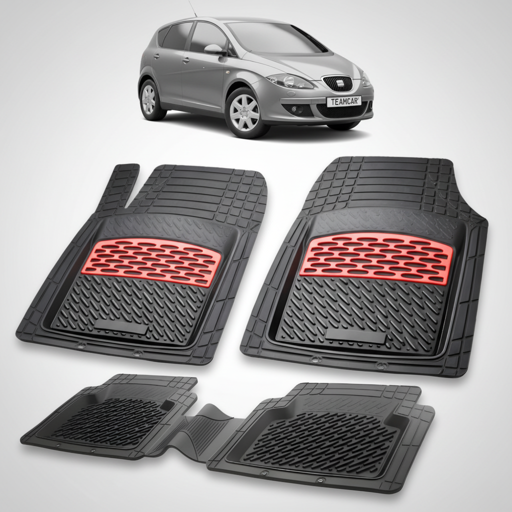 set de covorase din cauciuc negre cu accente rosii cu o un seat altea mpv gri  in fundal