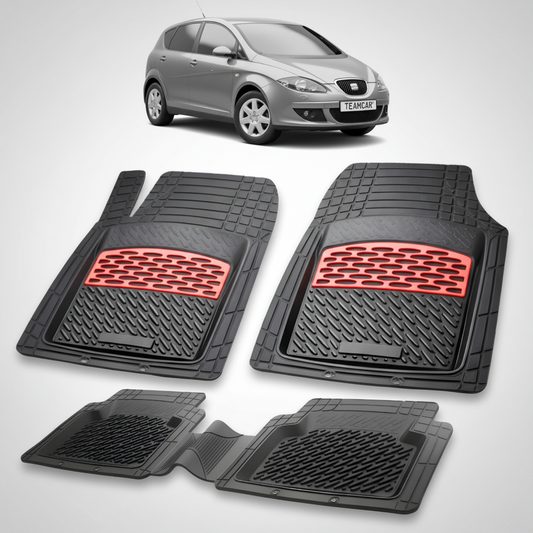 set de covorase din cauciuc negre cu accente rosii cu o un seat altea mpv gri  in fundal