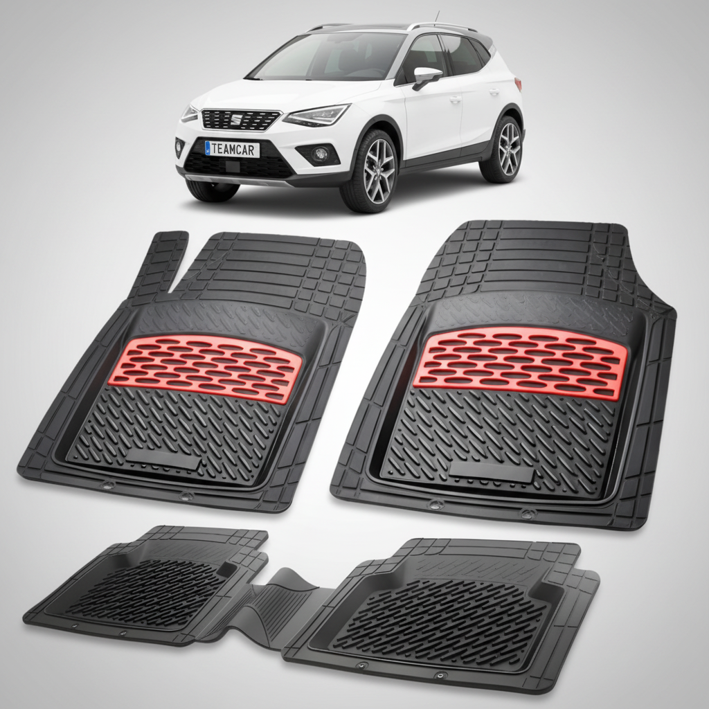 set de covorase din cauciuc negre cu accente rosii cu o un seat arona mk1 suv alb in fundal