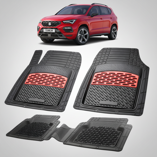set de covorase din cauciuc negre cu accente rosii cu o un seat ateca suv facelift rosu in fundal