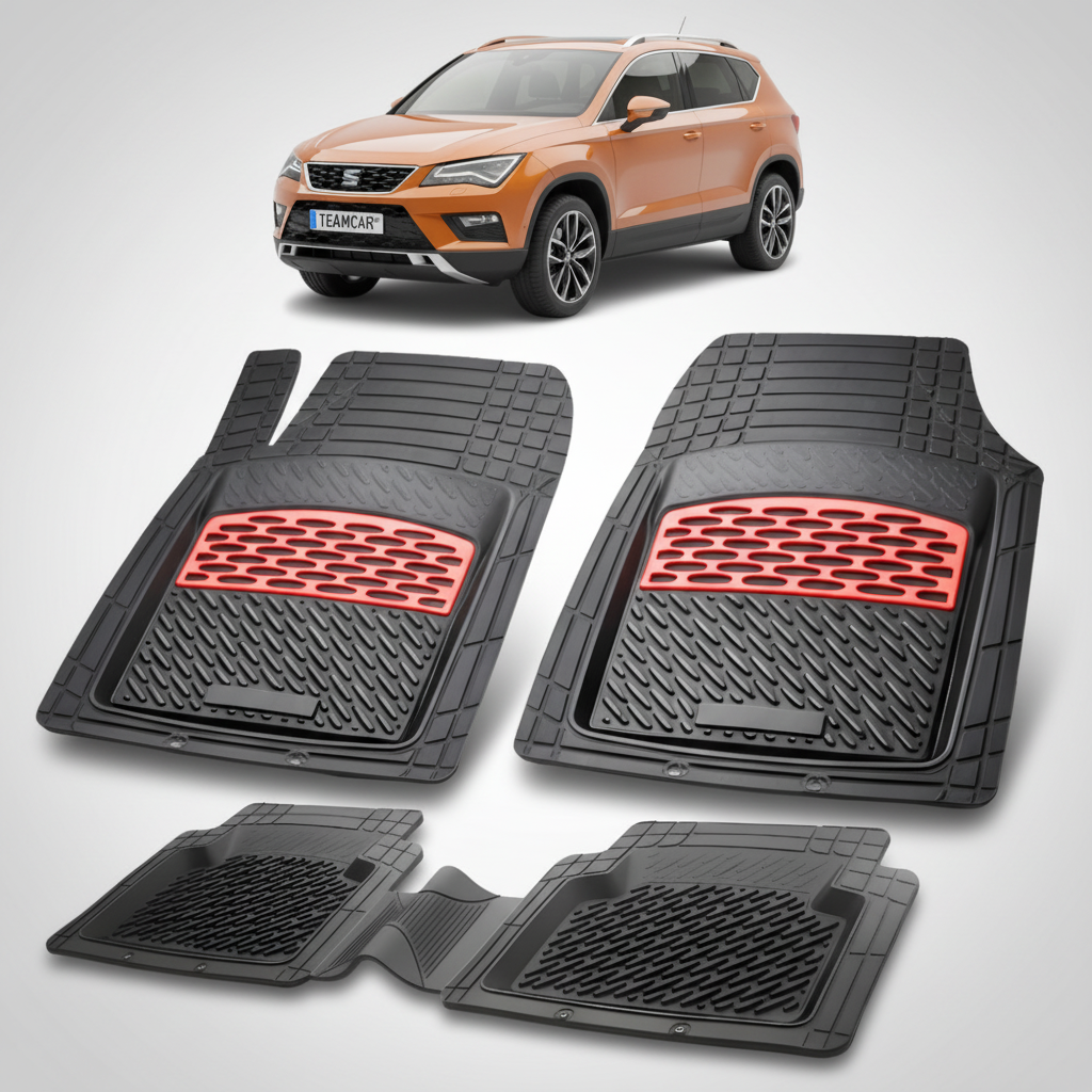 set de covorase din cauciuc negre cu accente rosii cu o un seat ateca mk1 suv portocaliu in fundal