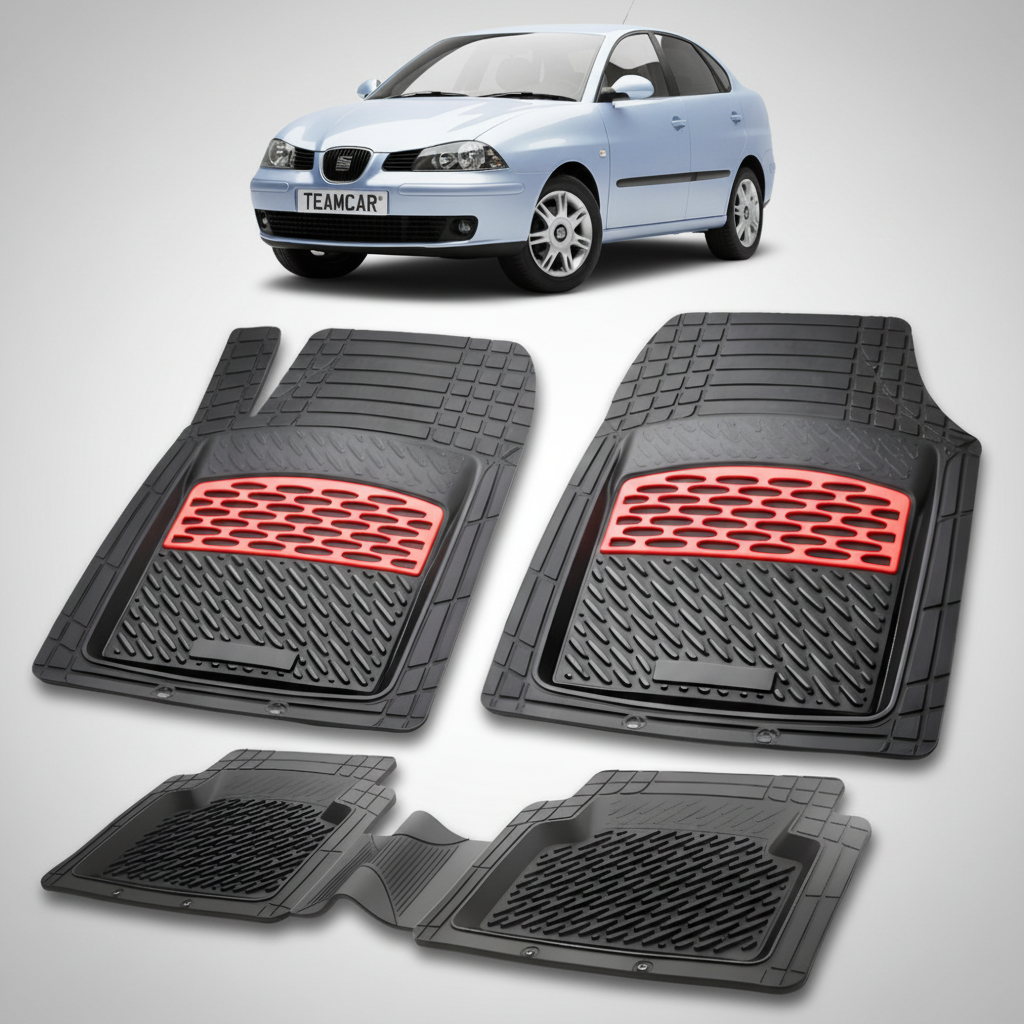 set de covorase din cauciuc negre cu accente rosii cu o un seat cordoba sedan gen 2 albastru deschis in fundal