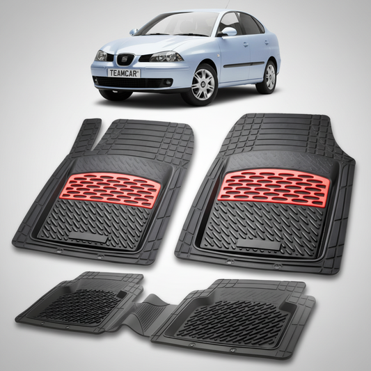 set de covorase din cauciuc negre cu accente rosii cu o un seat cordoba sedan gen 2 albastru deschis in fundal