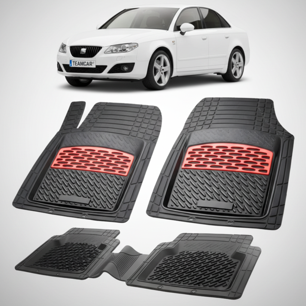 set de covorase din cauciuc negre cu accente rosii cu o un seat exeo sedan alb in fundal
